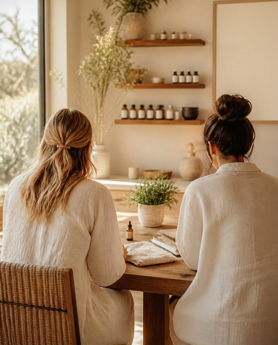 Two practitioners collaborating in a warm, sunlit wellness space